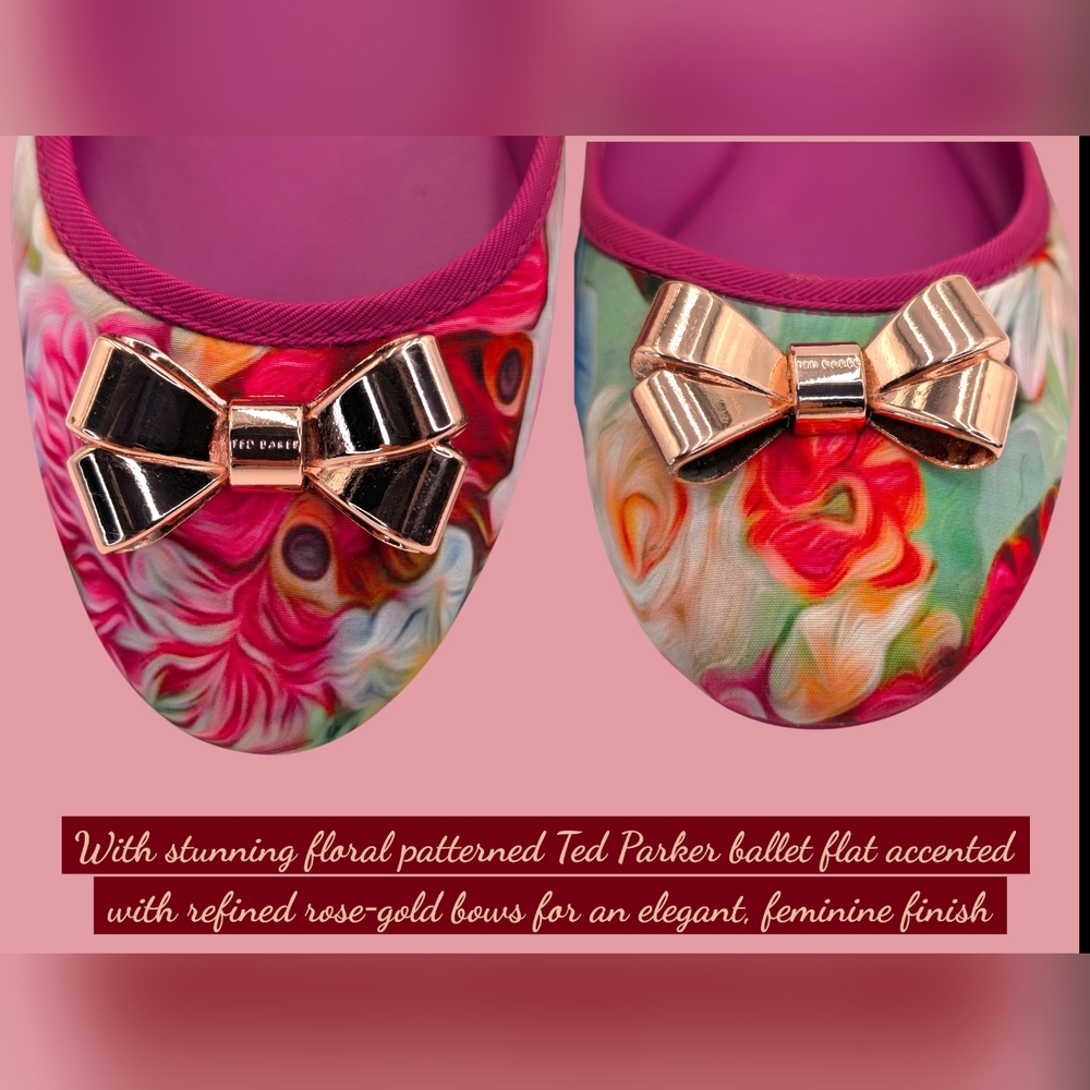 Ted Baker London IMME 2 Sz 9  Vibrant Floral Pink Ballet Flats Rosegold Bows - Picture 8 of 17